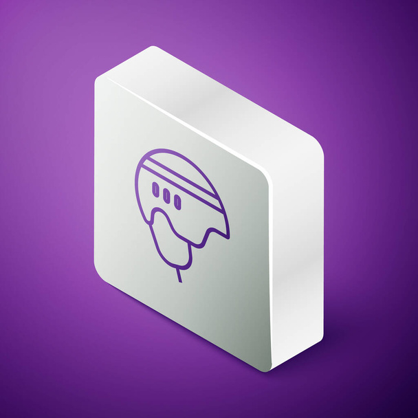 Isometric line Hockey helmet icon isolated on purple background. Silver square button. Vector Illustration - Vector, Image
