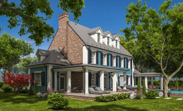3d rendering van moderne gezellige klassieke huis in koloniale stijl met garage en zwembad te koop of te huur met prachtige landschapsarchitectuur op de achtergrond. Heldere zonnige zomerdag met blauwe lucht. - Foto, afbeelding