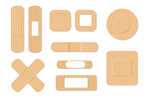 Adhesive bandage elastic medical plasters vector set. Illustration of medical plaster, elastic bandage patch - Vektör, Görsel