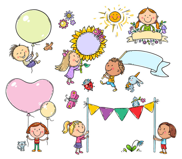 Set von cartoon kids mit schildern, flaggen und ballons mit kopierraum, vektorcliparts - Vektor, Bild