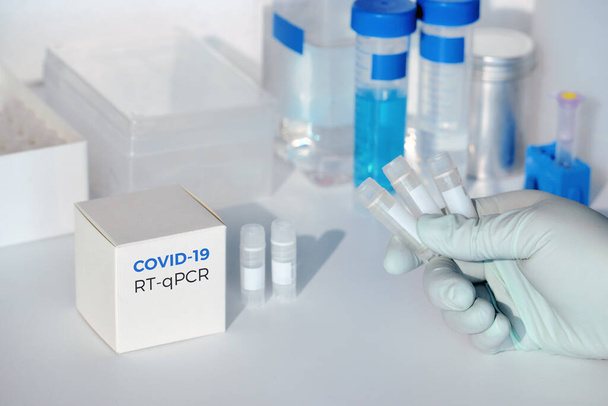 Quick novel COVID-19 coronavirus test kit. 2019 nCoV pcr diagnostics kit. Hand in glove with the box. RT-PCR kit detects covid19 virus in patients samples. - Fotó, kép
