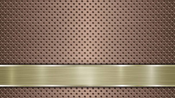 Fundo da superfície metálica perfurada de bronze com furos e placa polida horizontal dourada com uma textura metálica, clarões e bordas brilhantes
 - Vetor, Imagem