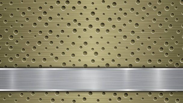 Achtergrond van gouden geperforeerde metalen oppervlak met gaten en zilver horizontale gepolijste plaat met een metalen textuur, glares en glanzende randen - Vector, afbeelding
