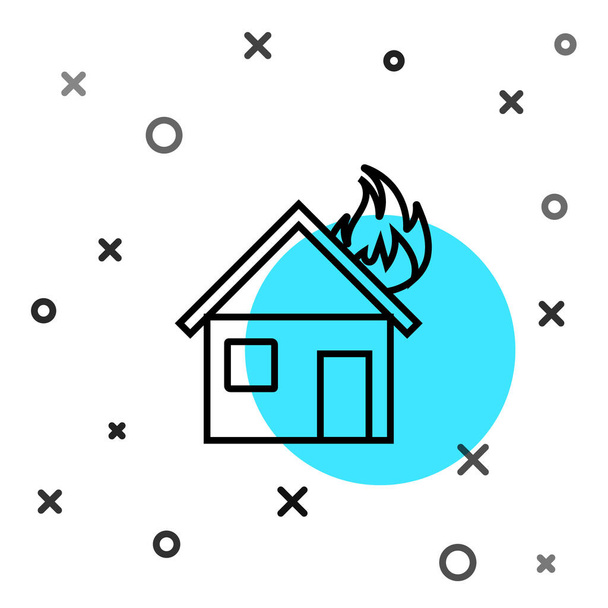 Fekete vonal Tűz égő ház ikon elszigetelt fehér alapon. Véletlenszerű dinamikus formák. Vektorillusztráció - Vektor, kép