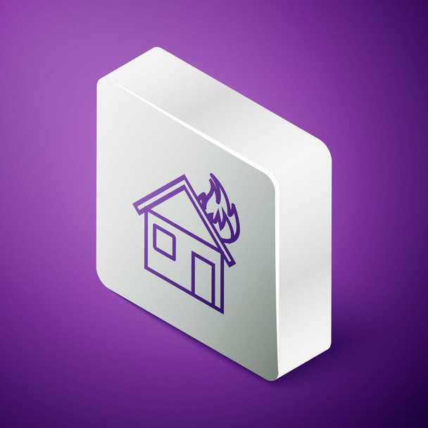 Izometrikus vonal Tűz égő ház ikon elszigetelt lila háttér. Ezüst négyzet gomb. Vektorillusztráció - Vektor, kép