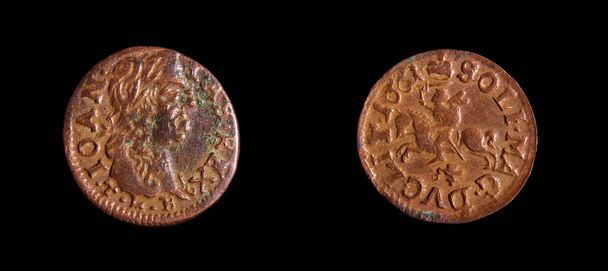 Wielkie Księstwo Litewskie LDK Johann Casimir solidus niechętnie monety i odwrotnie odizolowany na czarnym tle - Zdjęcie, obraz