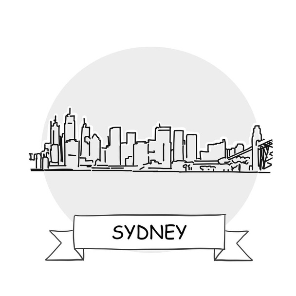 Sinal de vetor urbano desenhado à mão de Sydney. Ilustração de arte de linha preta com fita e título
. - Vetor, Imagem