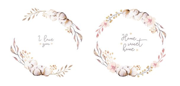 Watercolor boho floral wreath. Bohemian natural frame: cotton flowers, willow flowers leaves. Isolated on white background. Decoration illustration. Save the date, weddign design, valentine's day - Fotografie, Obrázek