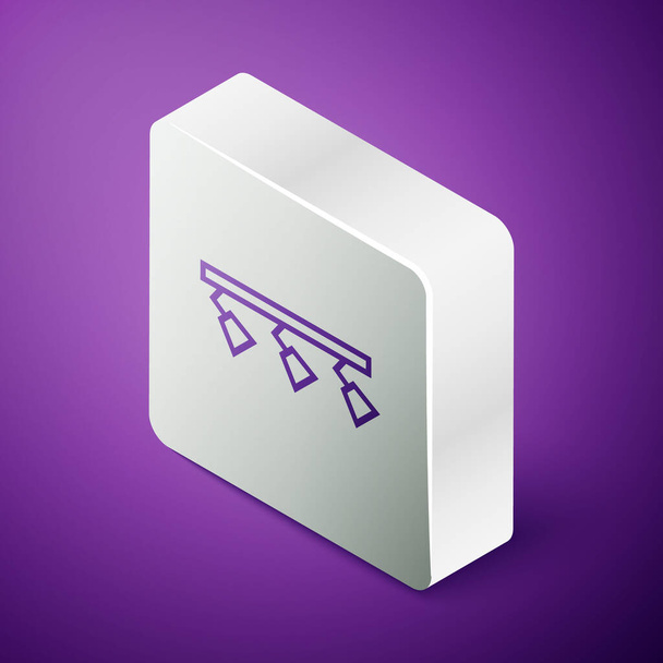 Isométrica línea Led luces de seguimiento y lámparas con proyectores icono aislado sobre fondo púrpura. Botón cuadrado plateado. Ilustración vectorial
 - Vector, imagen