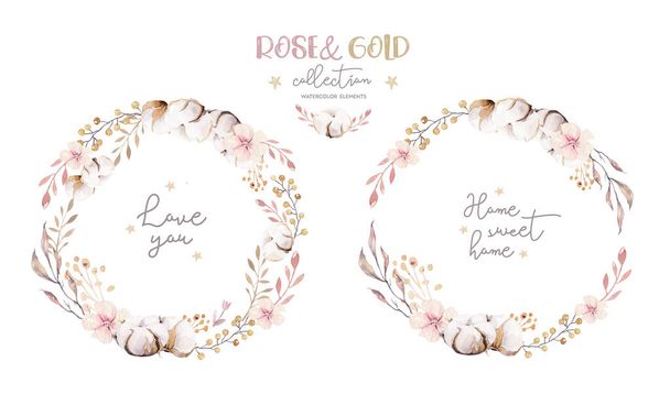 Watercolor boho floral wreath. Bohemian natural frame: cotton flowers, willow flowers leaves. Isolated on white background. Decoration illustration. Save the date, weddign design, valentine's day - Foto, afbeelding