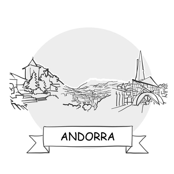Panneau vectoriel urbain dessiné à la main en Andorre. Illustration d'art de ligne noire avec ruban et titre
. - Vecteur, image