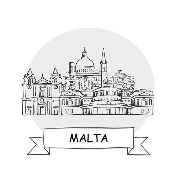 Malta Hand-Drawn Urban Vector Sign. Black Line Art Illustration with Ribbon and Title. - Vector, Image