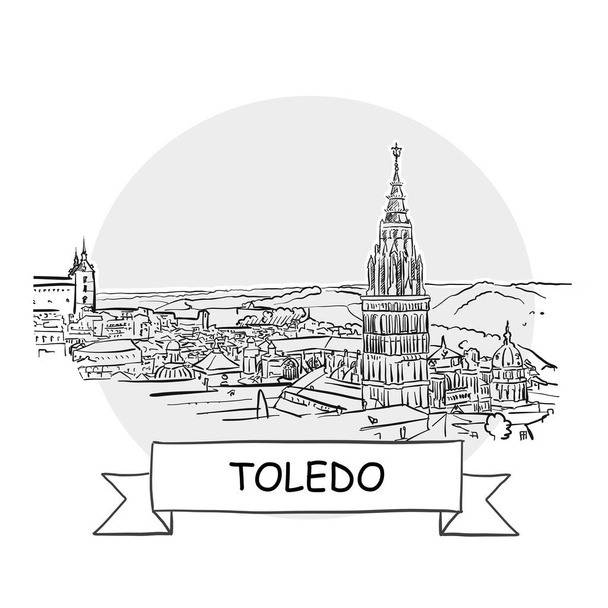 Toledo sinal de vetor urbano desenhado à mão. Ilustração de arte de linha preta com fita e título
. - Vetor, Imagem