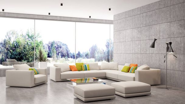large luxury modern bright interiors Living room mockup illustration 3D rendering computer digitally generated image - Photo, Image