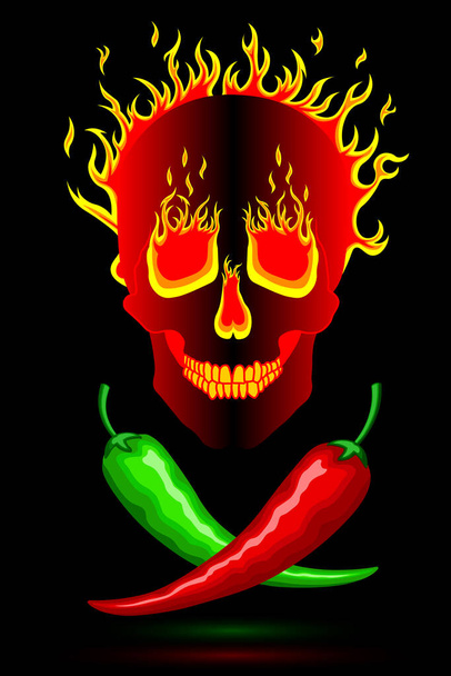 Пряный горячий мексиканский красный и зеленый перец на фоне горящего огненного человеческого черепа. Чёрный нейтральный фон. Векторная вертикаль. Для приготовления пищи, сайтов, блогов, рекламы
 - Вектор,изображение