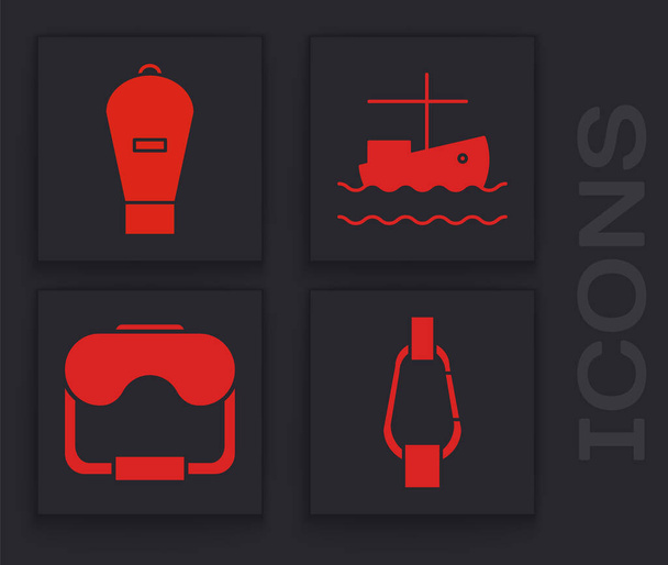 Набор карабинер, лифт мешок, рыбацкая лодка на воде и дайвинг маска значок. Вектор
 - Вектор,изображение