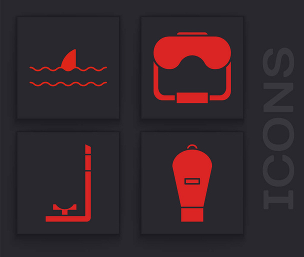 Set Lift bag, Shark fin in ocean wave, Diving mask and Snorkel icon. Vector - Vector, Image