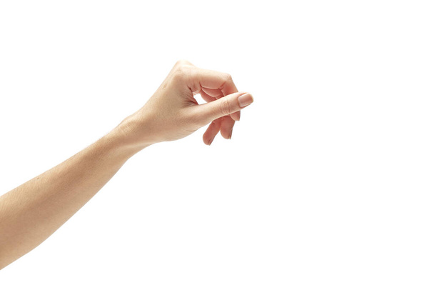 Üres nyitott ázsiai nő kezét elérheti, hogy valami elszigetelt fehér háttér - Fotó, kép