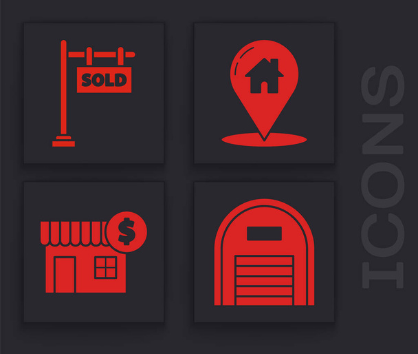 Встановити Warehouse, знак повішення з текстом Sold, покажчик Map з будинком і домом з іконою в долар. Вектор - Вектор, зображення