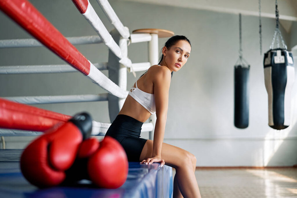 Young beautiful woman relax after fight or workout exercising in boxing ring. Sport concept                          - Fotografie, Obrázek