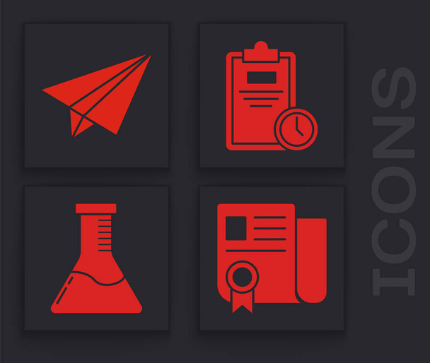 Set Certificate template, Paper airplane, Exam sheet with clock and Test tube and flask chemical laboratory icon. Vector - Vector, Image