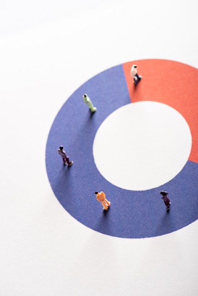 High angle view of people figures on red and blue round diagram on white surface, concept of disparity - Photo, Image