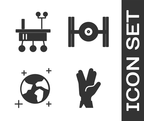 Set Vulcan salute, Mars rover, Earth globe and Cosmic ship icon. Vector - Vector, Image