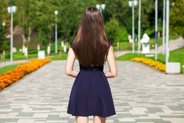 Female brunette hair, rear view, summer park  - Zdjęcie, obraz