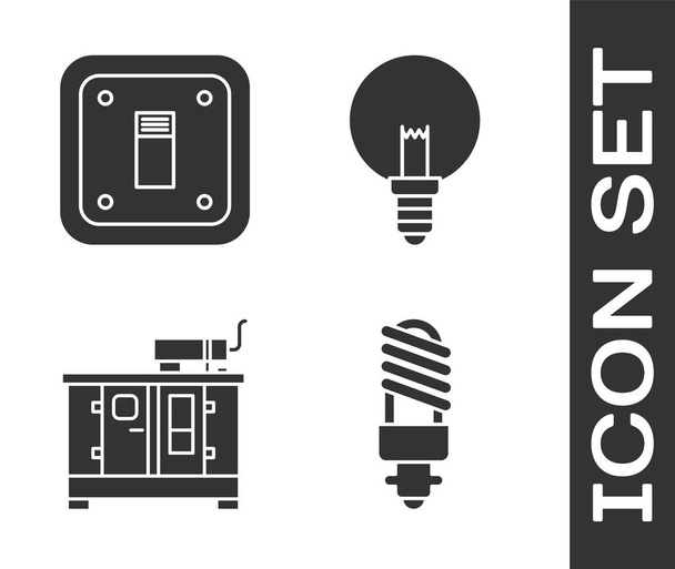 LED電球、電気ライトスイッチ、ディーゼル発電機、電球アイコンを設定します。ベクトル - ベクター画像