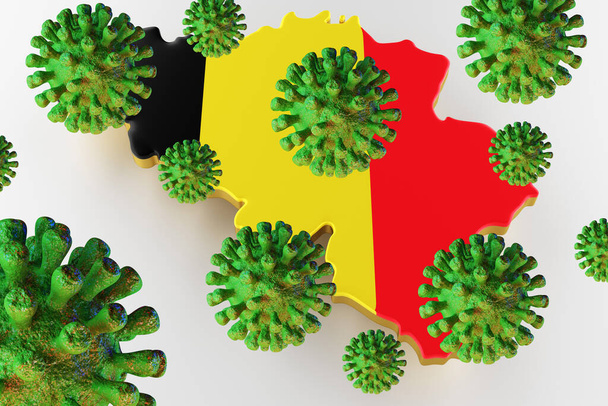 Virus 2019-ncov, Flur or Coronavirus with Belgium map. 3D rendering - 写真・画像