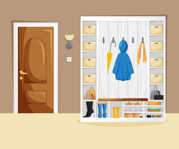 Intérieur vectoriel du couloir de la maison avec garde-robe en style dessin animé. Modèle d'entrée de maison avec porte marron, mobilier blanc, lampe, vêtements et accessoires dans un style minimaliste. Concept de maison confortable
 - Vecteur, image