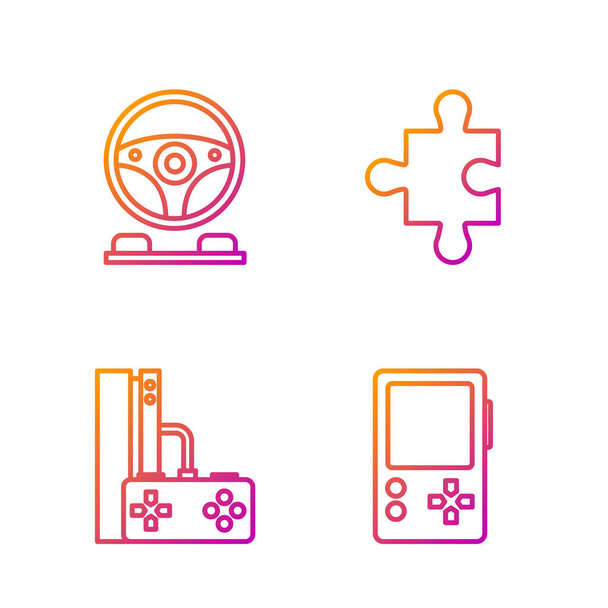 Set line Tragbare Videospielkonsole, Spielkonsole mit Joystick, Rennsimulator-Cockpit und Puzzleteil. Farbverlauf-Symbole. Vektor - Vektor, Bild