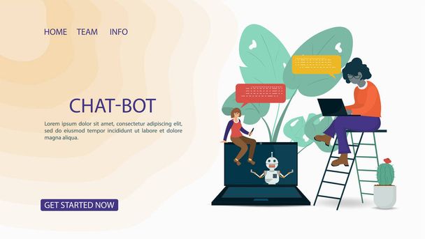 Banner, Virtuelle Hilfe Chatbot, zwei Mädchen im Chat mit einem Roboter, Für Website oder mobile Apps, Konzept der künstlichen Intelligenz, Flat Vector Illustration - Vektor, Bild