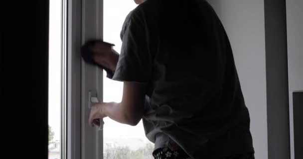Mujer joven está lavando la ventana en casa
 - Imágenes, Vídeo