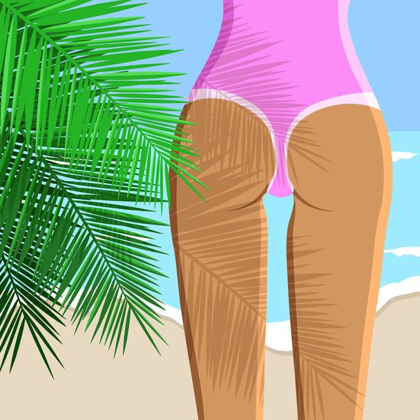 Square summer background. A woman is standing on the beach in a pink swimsuit.  Vector EPS 10 - Vector, Image
