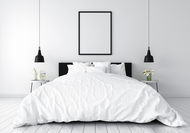 Interior del dormitorio blanco y marco de fotos en blanco para maqueta, representación 3D
 - Foto, Imagen