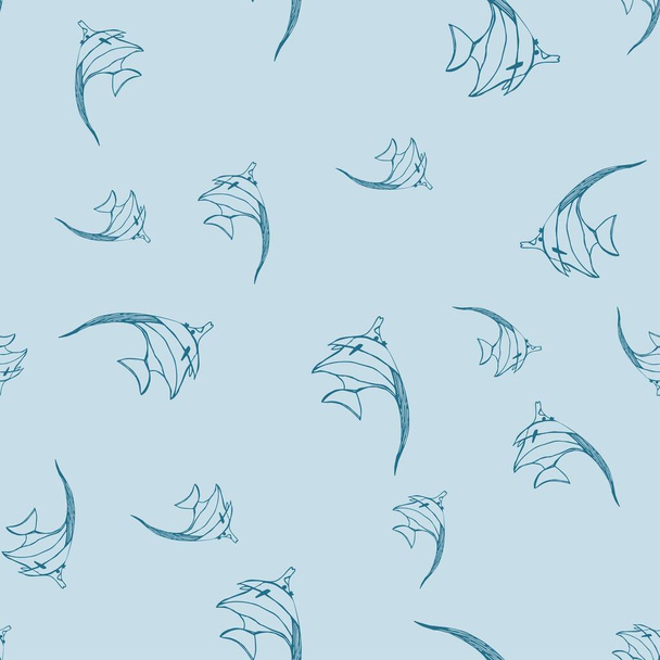 Wzór z ciemnoniebieskimi rybami morskimi na niebieskim tle, ilustracja wektora akcji idecor projektu, motyw żeglarski, nadruk, tkaniny, papier pakowy, baner - Wektor, obraz