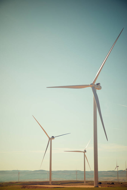 スペインのサラゴサ県アラゴン州の電力生産のための風車. - 写真・画像