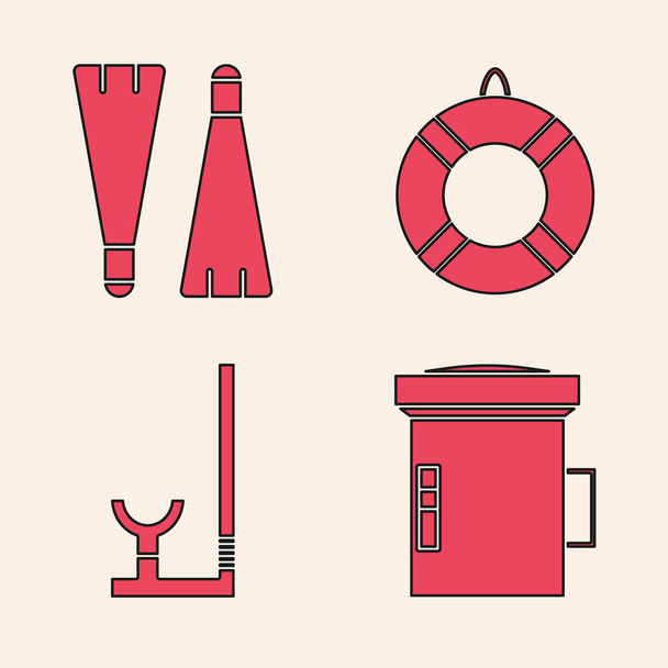Set Big flashlight for diver, Rubber flippers for swimming, Lifebuoy and Snorkel icon. Vector - Vector, Image