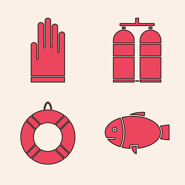 Set Fish, Rukavice, Aqualung a Lifebóje ikona. Vektor - Vektor, obrázek