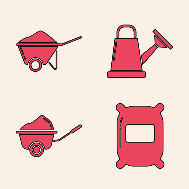 Set Bag of flour, Wheelbarrow with dirt, Watering can and Wheelbarrow with dirt icon. Vector - Vecteur, image