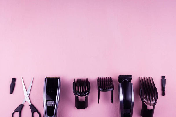 Shaving, Razor, brush, Comb, scissor, clippers and hair trimmer. Accessories for Barber shop equipment on pink background Top view copyspace - Photo, image