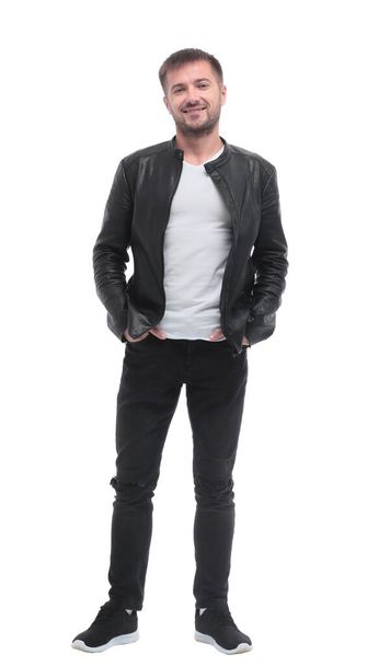 in full growth. stylish young man in black leather jacket - Фото, изображение