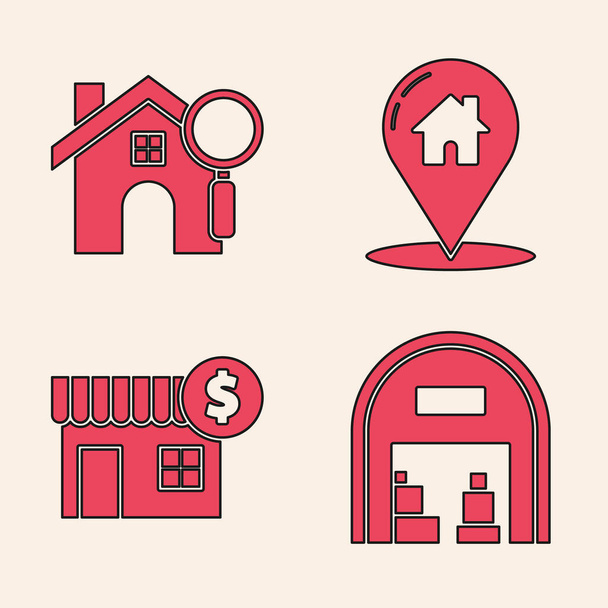 Установите Warph, Поисковый дом, Картографический указатель с домом и Дом с символом доллара. Вектор
 - Вектор,изображение