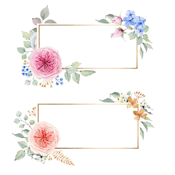 watercolor flower rectangular frame. Perfect for invitation, wedding or greeting cards. - Fotoğraf, Görsel