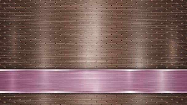 Tło perforowanej powierzchni metalicznej z brązem z otworami i poziomą purpurową polerowaną płytą o metalowej fakturze, szkłach i błyszczących krawędziach - Wektor, obraz