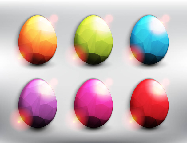 Set of 6 vector Easter Eggs in low poly style. Low poly eggs in 6 different colors. Easter decoration. Isolated with transparent light and shadow on the light panel. Vector illustration. Eps10. - Vettoriali, immagini