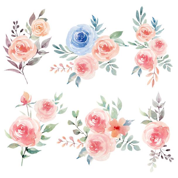 Handpainted watercolor flowers set in vintage style. It's perfect for greeting cards, wedding invitation, wedding design, birthday and mother's day cards. Watercolor botanical illustration isolated on white background. - Фото, изображение