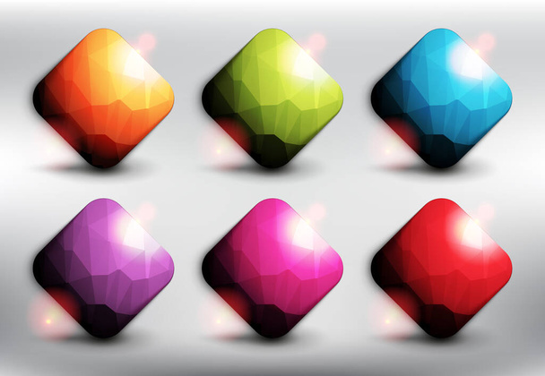 Abstract square vector web buttons set of 6. Low poly squares in 6 different colors. Isolated with realistic, transparent glass shine and shadow on the light background. Vector illustration. Eps10. - Vecteur, image