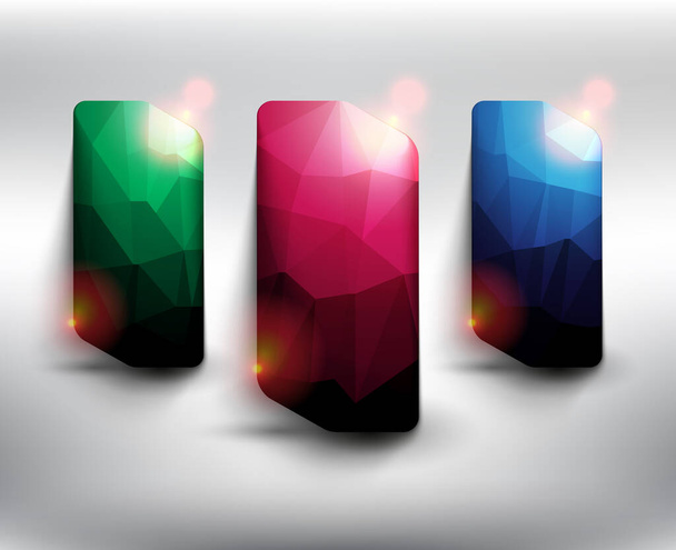Abstract crystal web banner set of 3. Low poly banners in 3 different colors. Isolated with realistic, transparent glass shine and shadow on the light background. Vector illustration. Eps10. - Wektor, obraz